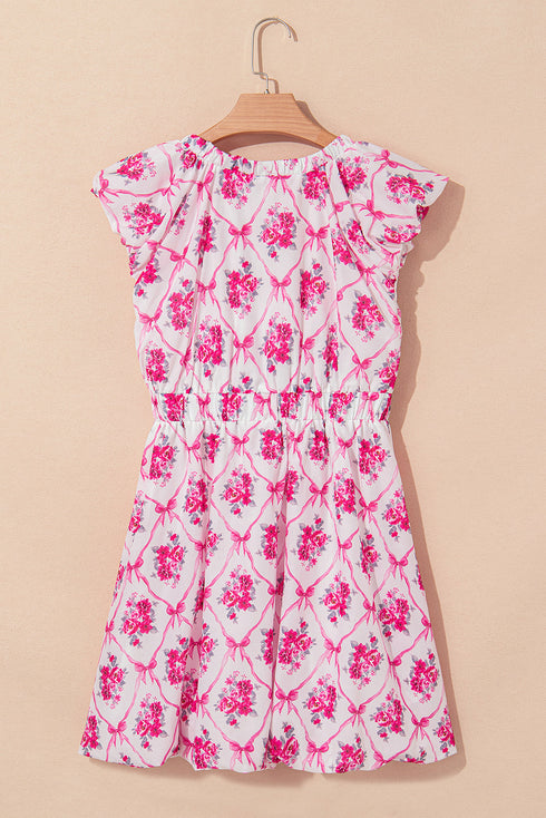 Floral Ruffle Shoulder V Neck Mini Dress with Bow Detail